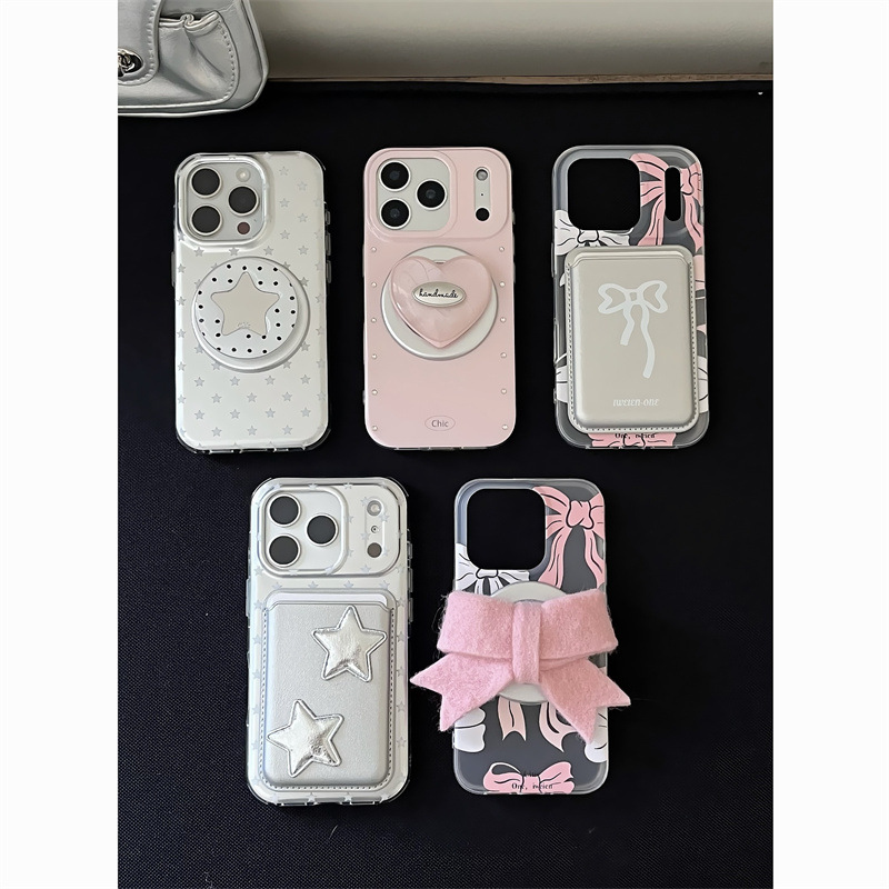Coque coréenne simple à nœud papillon et étoiles pour iPhone 17/16 Pro Max/15/14, motif cœur girly_voghion.com