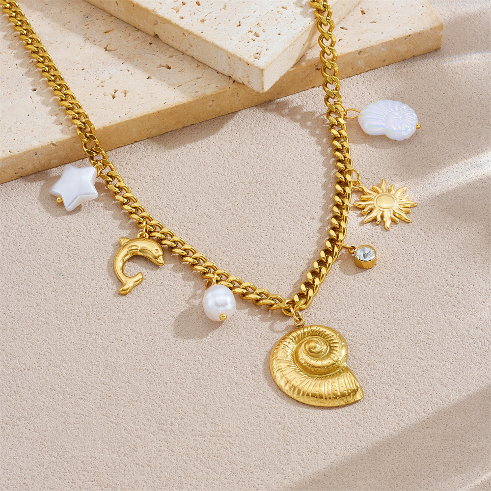 Simple Conch Sun Pearl Dolphin Gold-Plated charm thick Chain Stainless Steel Jewelry Necklace