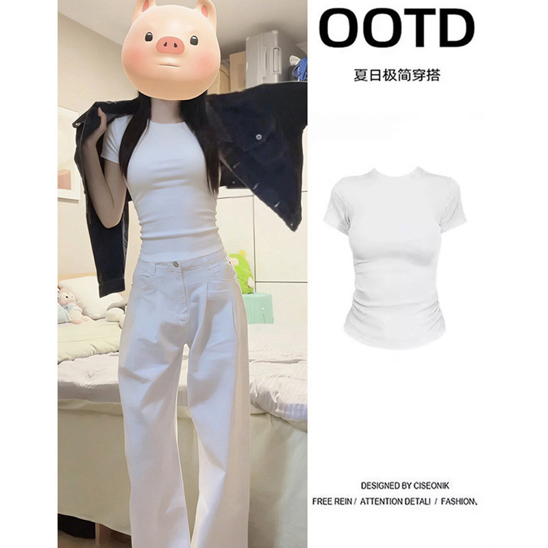 White Slim-Fit Short-Sleeve Women's T-Shirt, Fitted Inner Wear, Tight-Fitting Half-Sleeve Top, 2026 New Summer Style, Waist-Cinching Short Top White Slim-Fit Short-Sleeve Women's T-Shirt, Fitted Inner Wear, Tight-Fitting Half-Sleeve Top, 2026 New Summer Style, Waist-Cinching Short Top