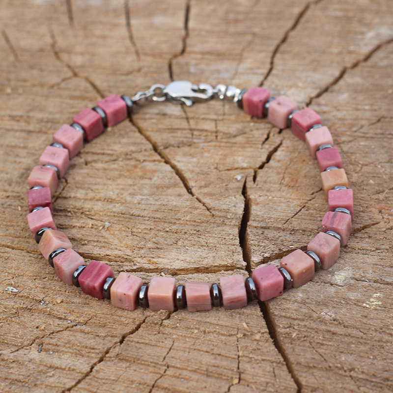 Cross-Border Hot-Selling Natural Rhodonite Square Bracelet with Red Wood Grain Texture and Stainless Steel Clasp, Niche Retro Jewelry Cross-Border Hot-Selling Natural Rhodonite Square Bracelet with Red Wood Grain Texture and Stainless Steel Clasp, Niche Retro Jewelry