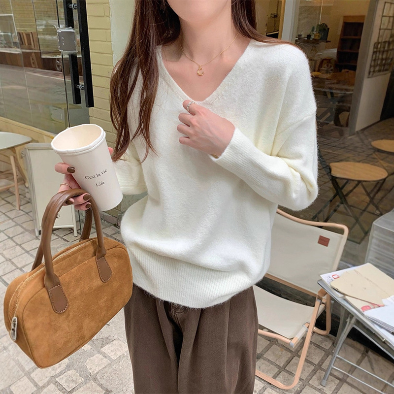 简约v领针织衫女秋冬新款ins基础款宽松内搭上衣休闲百搭打底毛衣|undefined