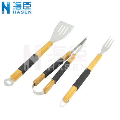 跨境商品 木柄4件套装围裙户外不锈钢烧烤工具组合  BBQ Tool Set