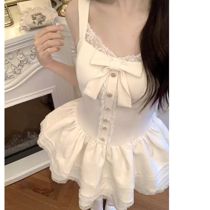 Sweet French-Style Off-White Cardigan for Petite Women, 2026 Spring/Summer White Puffy Cake Dress and Tank Top Two-Piece Set