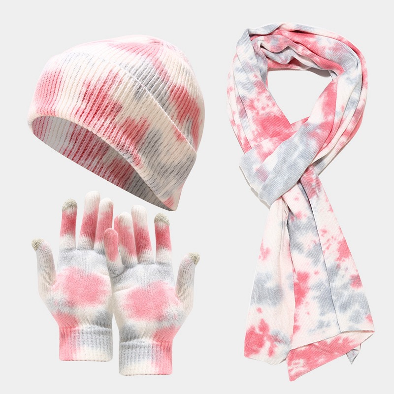 New Tie Dyed Knitted Glove Scarf Women's Autumn and Winter Outdoor Cold Protection Hat Three piece Set for Men_voghion.com