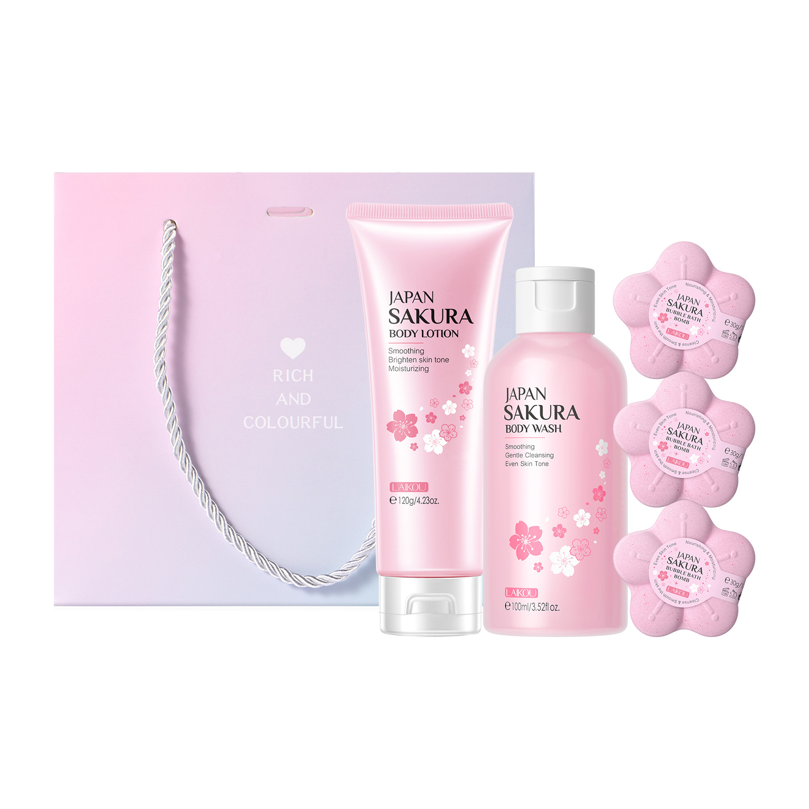 Conjunto combinado de leche de caracol y flor de cerezo LAIKOU transfronterizo, varios conjuntos, kit de productos para el cuidado de la piel de combinación libre.