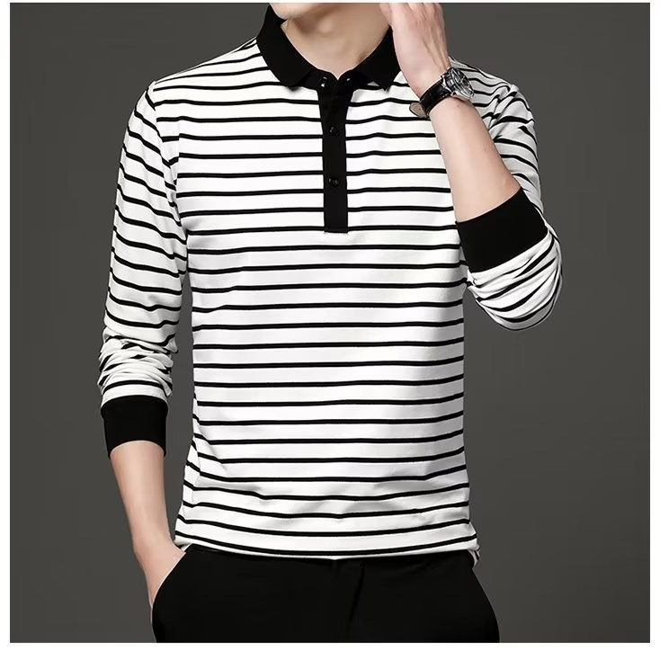 Camisa de polo de otoño de los hombres de moda de rayas de contraste de color de la solapa de manga larga Camiseta de los hombres de estilo coreano slim fit camiseta juvenil ropa de otoño