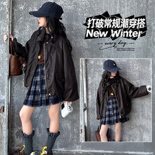 女童机车皮衣2025秋季新款小女孩时髦复古格纹撞色立领感外套潮