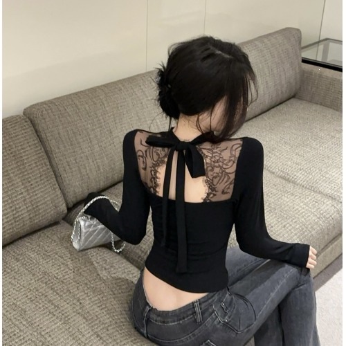 Women's brushed cotton early autumn top, sexy lace-trimmed halter neck slimming long-sleeved t-shirt base layer