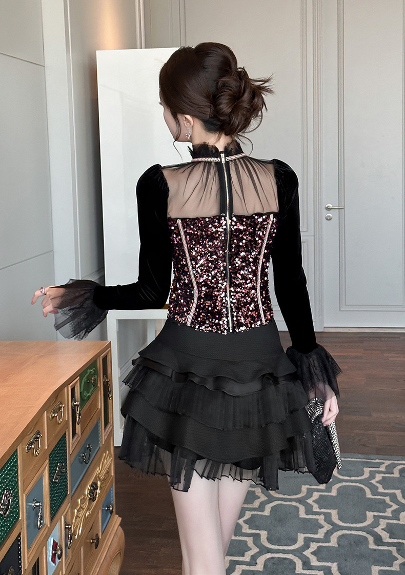 Áo len cổ lọ nữ tay dài đính sequin lưới xuyên thấu dáng ôm — bột màu đen chi tiết 8