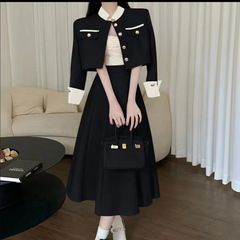 2025新款春秋季撞色立领短款外穿小香风套装裙两件套气质成熟御姐