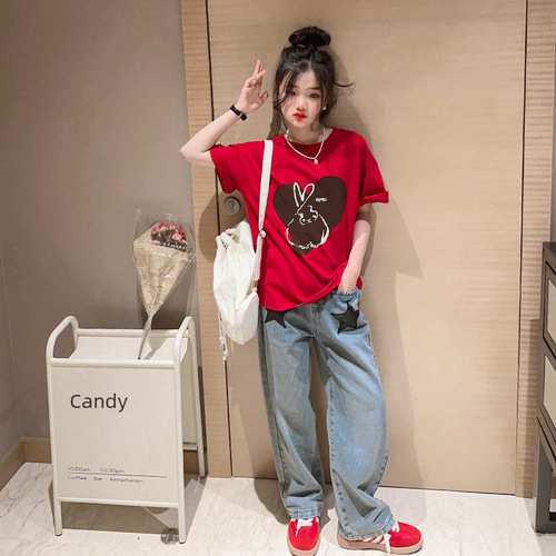 Kids' Summer Short Sleeve T-Shirt and Jeans Set, Korean Style, Large Children's  New Summer Outfit, Trendy Two-Piece Set