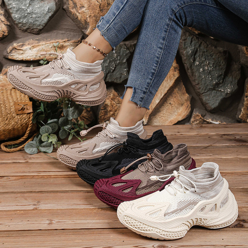 Couple Shoes 2025 Autumn Fly-Knit Mesh Sneakers Thick-Soled Versatile Breathable Lazy Casual Sock Shoes