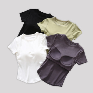 Spring and Summer Short Sleeve with Chest Pad Cup One-piece Base Shirt Threaded T-shirt with Pleated Fishtail Inner Wearing Outer Wearing Half Sleeve