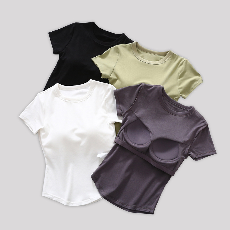 Spring and Summer Short Sleeve with Chest Pad Cup One-piece Base Shirt Threaded T-shirt with Pleated Fishtail Inner Wearing Outer Wearing Half Sleeve Spring and Summer Short Sleeve with Chest Pad Cup One-piece Base Shirt Threaded T-shirt with Pleated Fishtail Inner Wearing Outer Wearing Half Sleeve