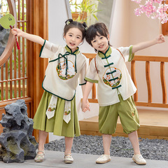漢服男童新中式兒童夏季唐裝禮服套裝2024新款女童國風古裝表演服