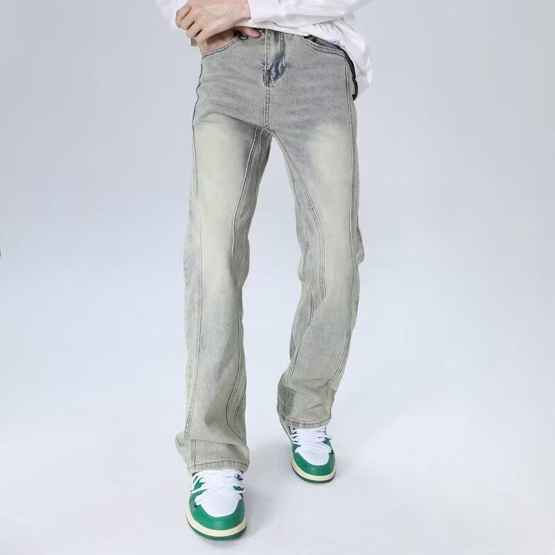 Men's Washed Distressed High Street Jeans Yellow Mud Dye Loose Straight Leg Niche Trendy Clothing_mkmklike.com