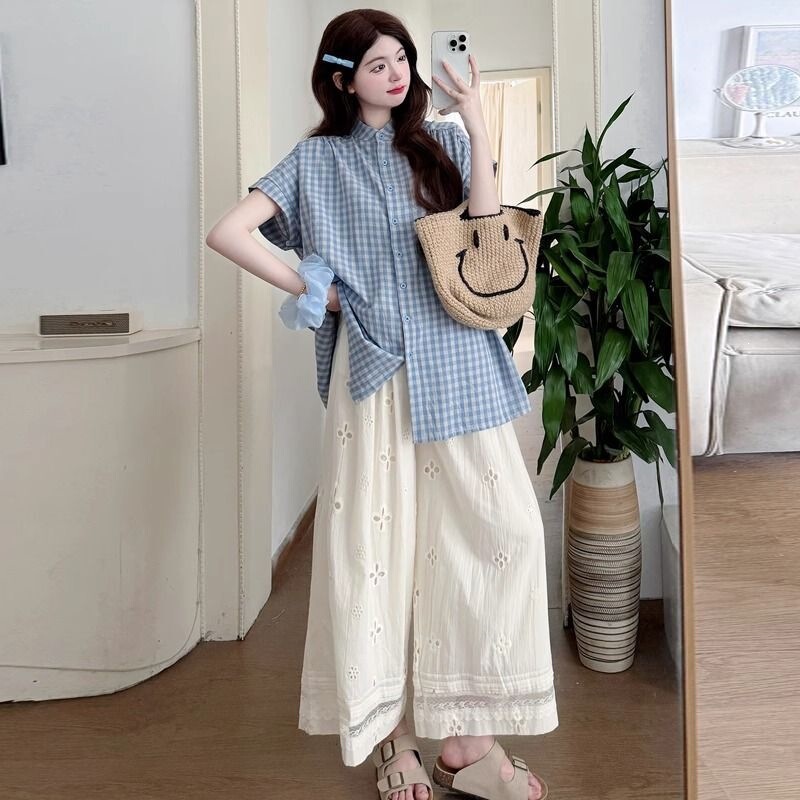Maternity Wear Summer Style 2026 New Summer Outfit Set Fashionable Plaid Shirt Top Casual Wide-Leg Pants Two-Piece Set