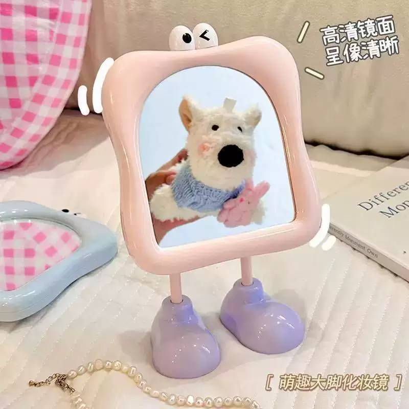 Handheld Tabletop Mirror for Students, Cute Standing Makeup Mirror, Compact Portable (White/Blue/Pink)