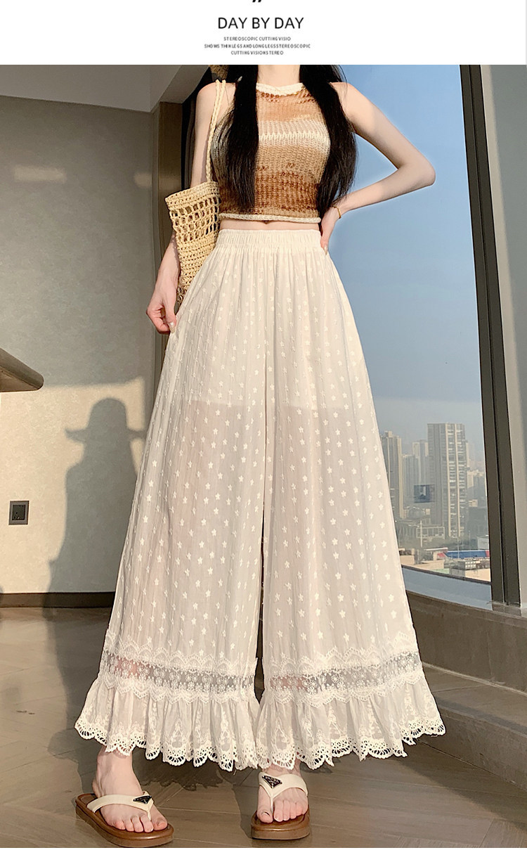 Quần culottes nữ ống rộng ren thêu rỗng cạp cao — màu trắng chi tiết 18