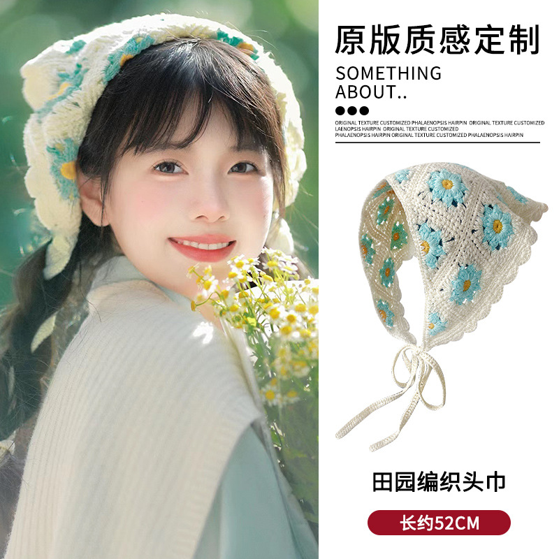 Pañuelo de encaje francés para mujeres 2025 nuevo pañuelo triangular de verano pastoral pañuelo triangular blanco para el cabello