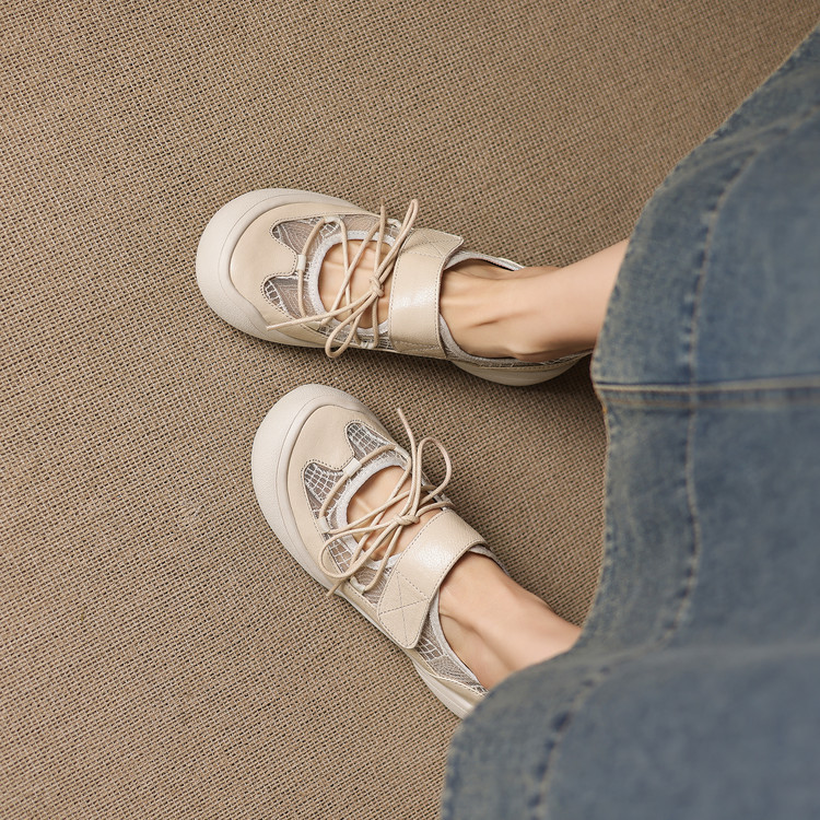 Giày sneaker nữ đế dày ren lưới phối màu cổ thấp — màu trắng ngà chi tiết 63