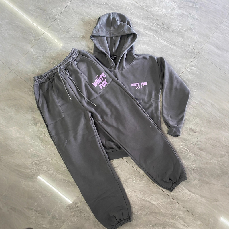 Cross-Border New Style Set White Fox Letter Casual Street Youth Fleece Sweatshirt and Sweatpants Sports Top
