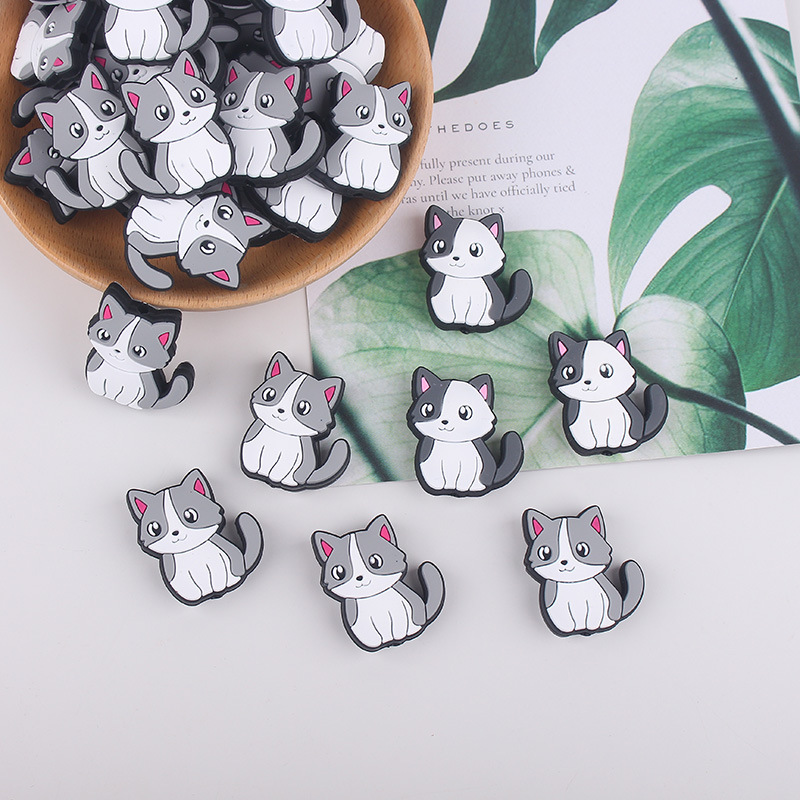 Joyas europeas y americanas, cuentas de silicona de dibujos animados, accesorios para bolígrafos, brazalete de bricolaje, collar, cuentas de goteo de gato de agujero recto