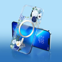 适用iPhone14 pro max透明磁吸手机壳苹果13PRO国潮12花朵imd壳