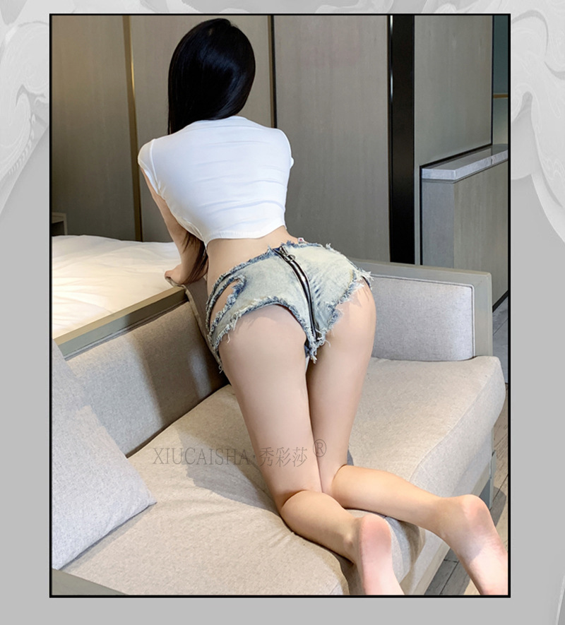Xiuaisha Low-Waist Crotchless Intimate Briefs, Ripped Denim-Look Polyester, One Size Blue — detail image 10