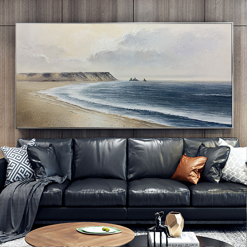 Pure Hand-painted Oil Painting Horizontal Hanging Painting Sofa Background Decoration Painting Sea Landscape Mural Morandi Gray Office