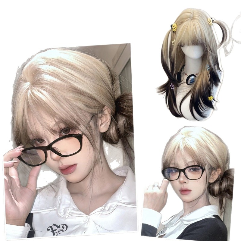 暹罗猫假发女长发全头套式Lolita巴黎画染白金渐变黑亚文化长直发|undefined