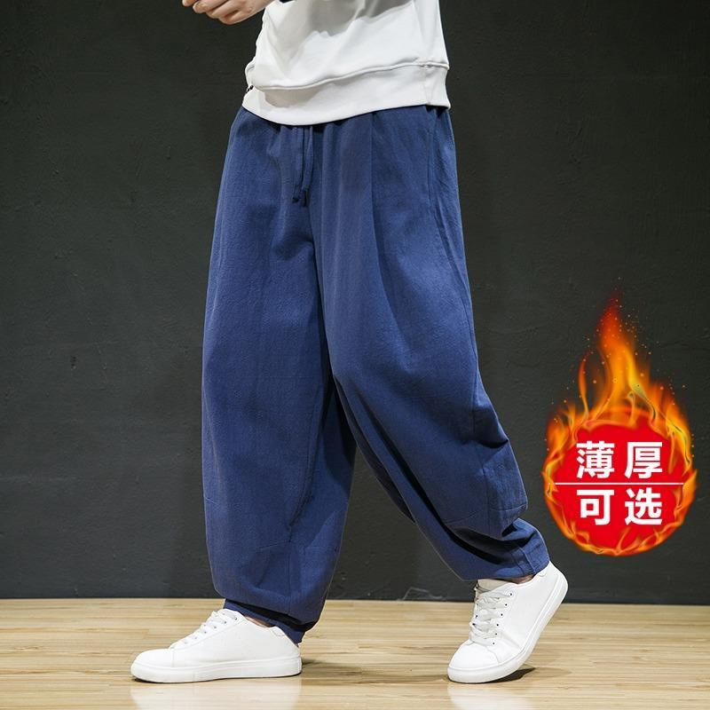 Pantalones largos de lino sueltos de primavera y otoño de estilo chino, pantalones largos de pierna ancha de talla grande más gordos, pantalones harem casuales de algodón y lino