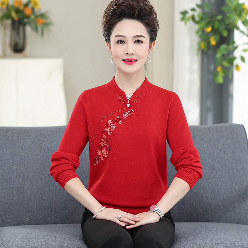 妈妈100%纯羊毛衫女旗袍领毛衣大码喜庆中老年女装婚礼打底羊毛衫