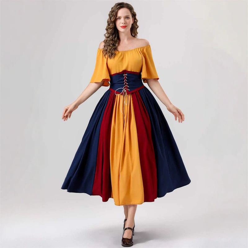 European Medieval Retro Color-Block Flared Skirt Off-Shoulder Dress Women's Cosplay Costume Rural Peasant Drama Outfit European Medieval Retro Color-Block Flared Skirt Off-Shoulder Dress Women's Cosplay Costume Rural Peasant Drama Outfit