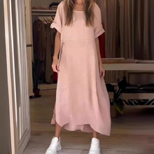 亚马逊新款2024欧美跨境女装夏季风宽松休闲纯色短袖棉麻连衣裙
