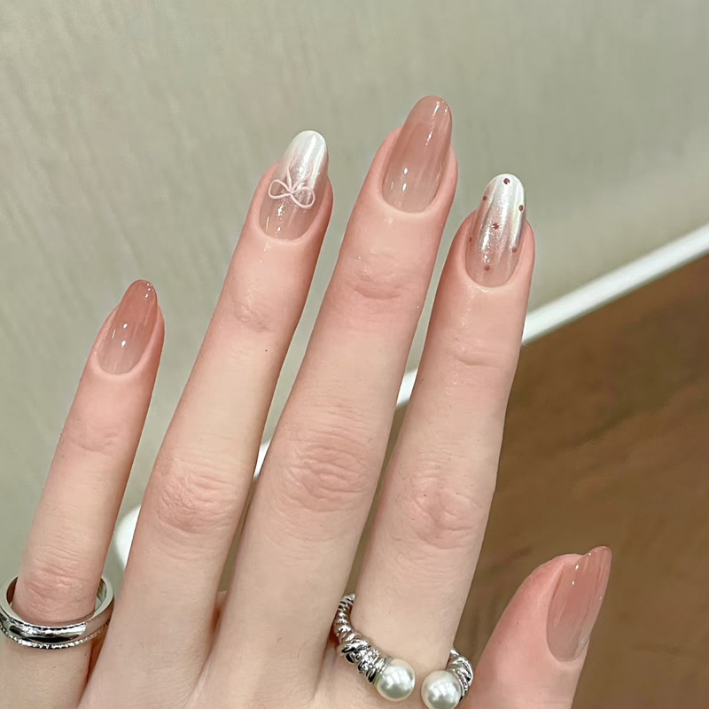 Ins Korean Girl Wears Nail Glass Beads Simple Nude Pink Gradient Bow Polka Dot Wearable Manicure Nails