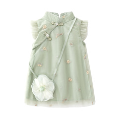 夏裝中國風女童連衣裙精緻繡花漢服裙寶寶旗袍長裙送包包