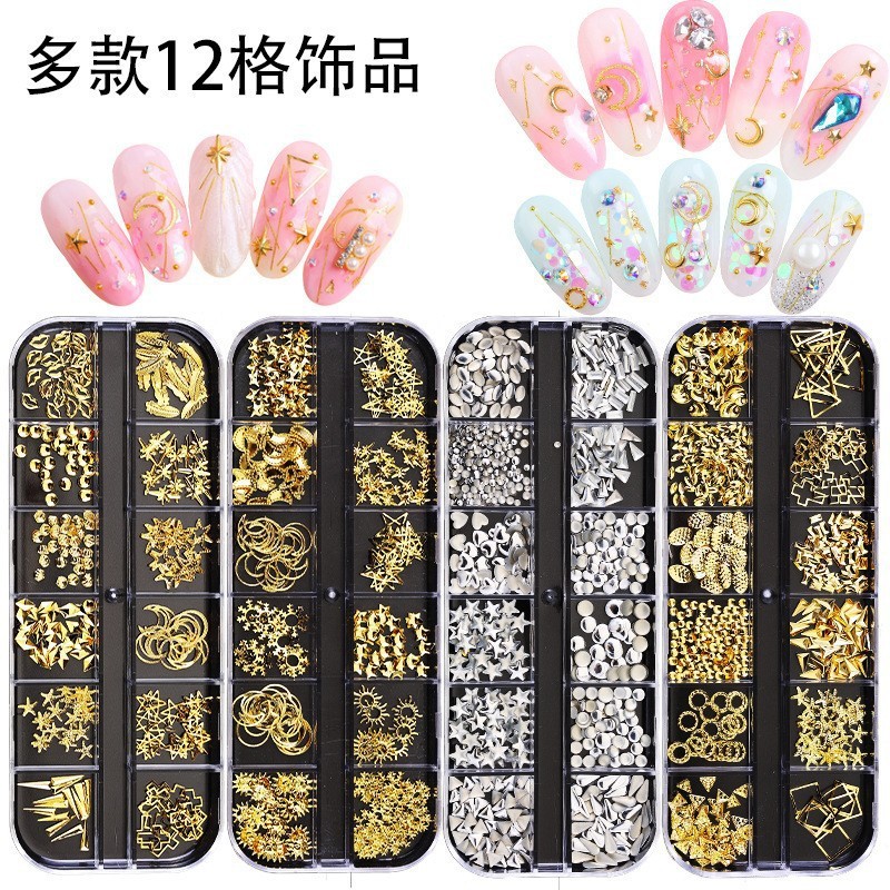 ネイルアート用小物、ラインストーンネイルデコレーション60種類、キラキラ輝くロングストリップボックス、特殊形状リベット、パール、マーキスカット合金装飾|undefined