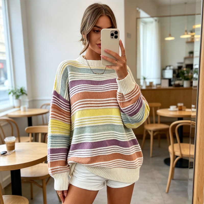 European and American Cross-Border Autumn Women's Clothing, Color-Blocked Rainbow Sweater, Pullover Knitwear, Retro Loose-Fitting Women's Clothing, Exclusively Available on Amazon