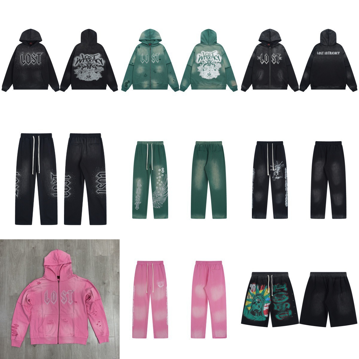 Los Angeles streetwear brand Lost Intricacy's washed distressed sweatpants, rhinestone cardigan, and zip-up sweatshirt set