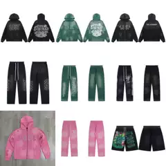 Los Angeles Streetwear Lost Intricacy Washed Distressed Sweatpants Pants Rhinestone Zip-Up Hoodie Set