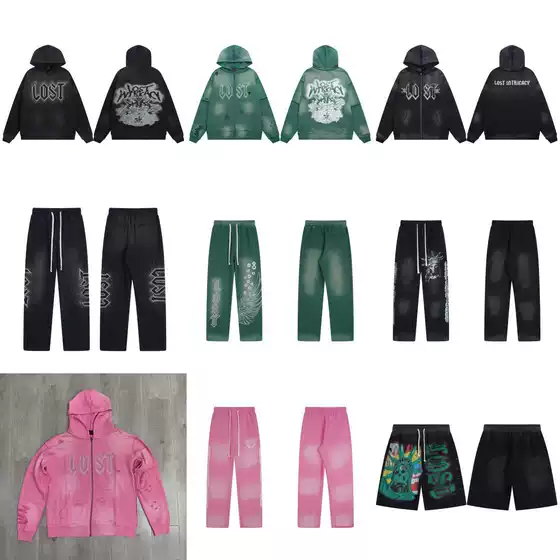 Los Angeles Streetwear Lost Intricacy Washed Distressed Sweatpants Pants Rhinestone Zip-Up Hoodie Set
