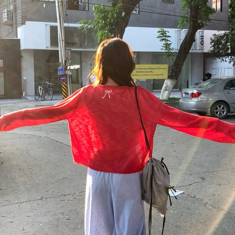 Bow Embroidered Red Knitted Woolen Cardigan for Women Summer Thin Ice Silk Sun Protection Jacket Shawl Top