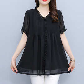 胖人遮肚子上衣夏天凉快韩版通勤雪纺衫大码女装宽松遮肉减龄恤