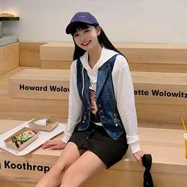 百搭西装领无袖牛仔马甲女短款背心马夹机车坎肩外搭上衣6976