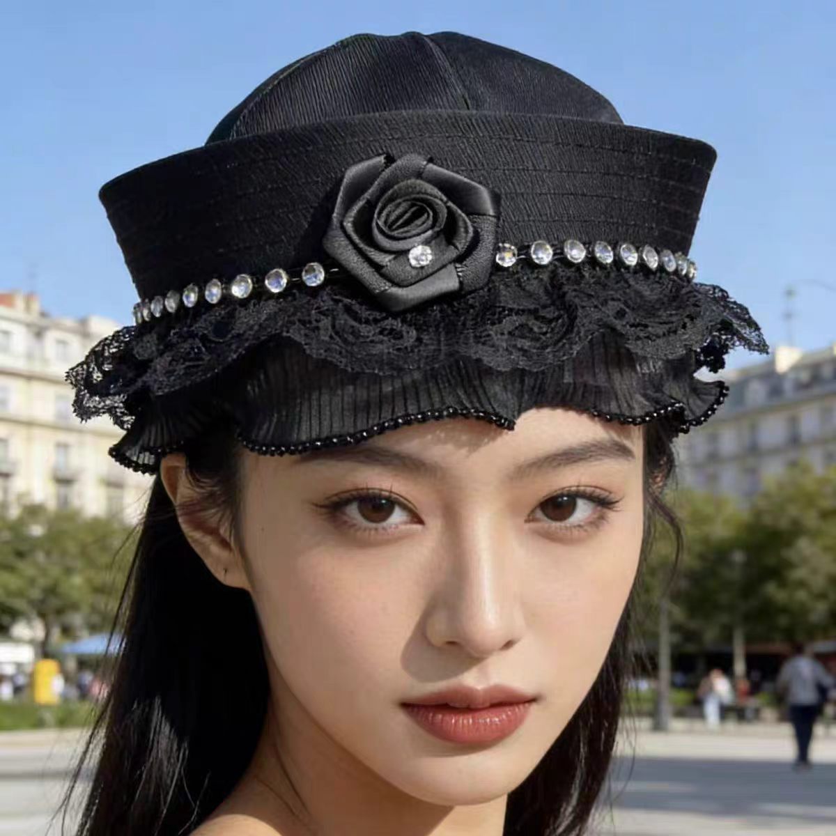 신상 블랙 큐빅 장식 로즈 세일러 햇