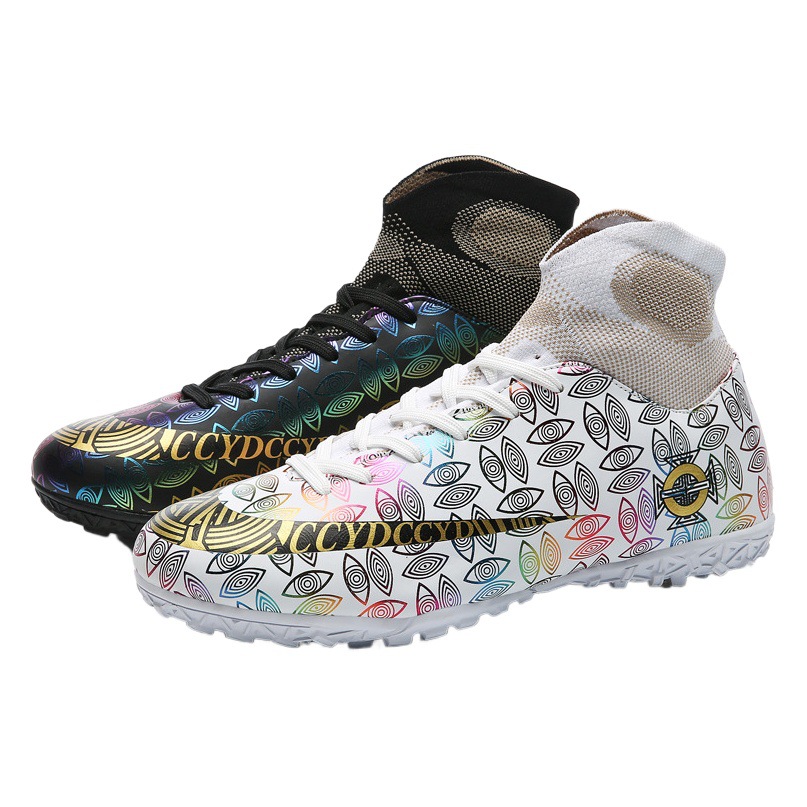 Zapatos de fútbol transfronterizos al por mayor resistentes al desgaste transpirable de color de Pato Mandarín alto-top antideslizante casual corto hierba de uñas zapatos de entrenamiento para niños