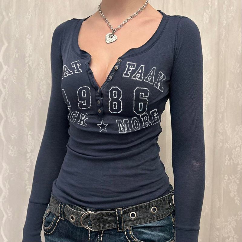 美式街头复古字母印花V领单排扣修身长袖T恤辣妹初秋显胸百搭上衣|undefined