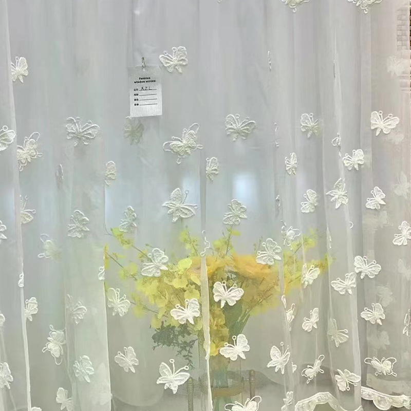 Simple white butterfly embroidery yarn velvet lace beaded three-dimensional embroidery window screen bedroom bay window hotel white gauze curtain