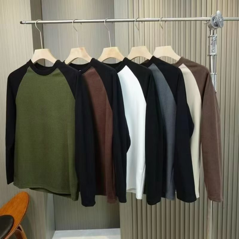 Men's double-sided German fleece base layer shirt, autumn and winter style, fashionable and versatile, raglan sleeve sweatshirt, casual men's color-blocked couple style long sleeve.